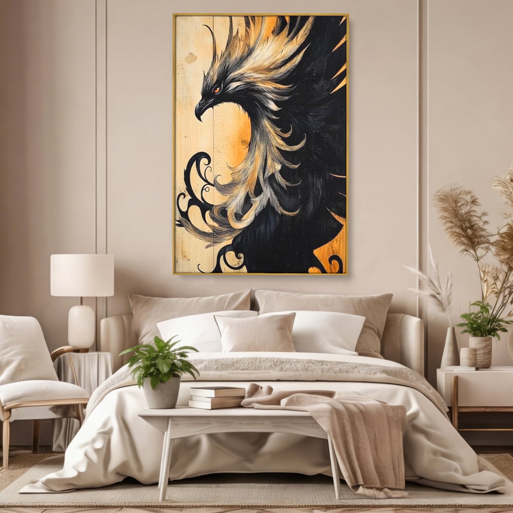 Tablou canvas cu tablou canvas cu pasare mitologica phoenix, in rama de aluminiu auriu, pe perete intr-un dormitor